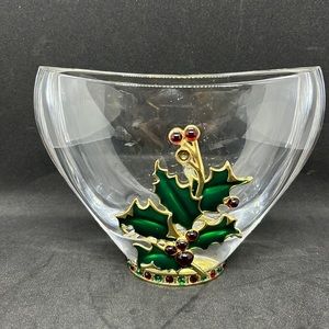 Vintage Teleflora Vase Glass 24% Bohemian Lead Crystal Holly Berry Christmas